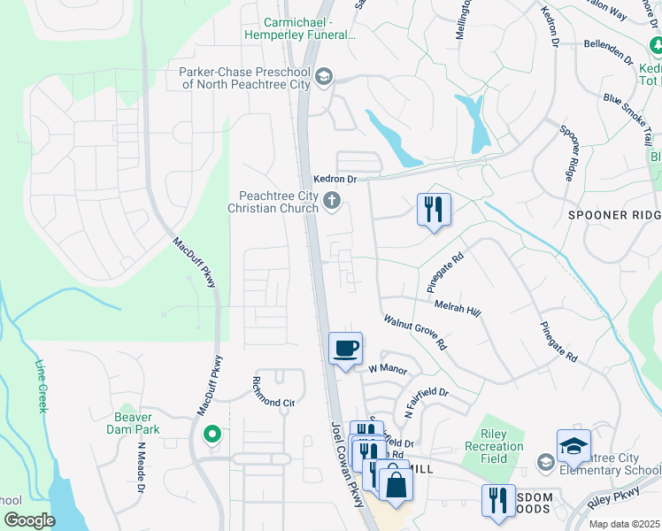 map of restaurants, bars, coffee shops, grocery stores, and more near 100 Denham Square in Peachtree City