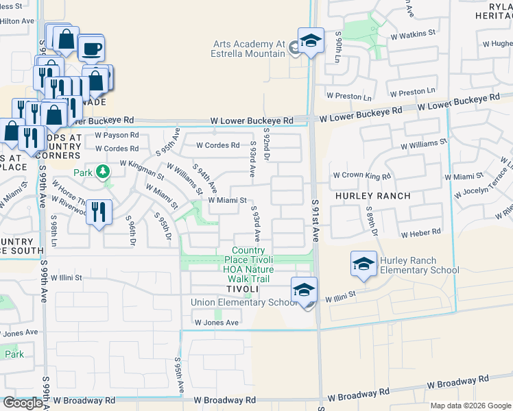 map of restaurants, bars, coffee shops, grocery stores, and more near 3229 South 93rd Avenue in Tolleson