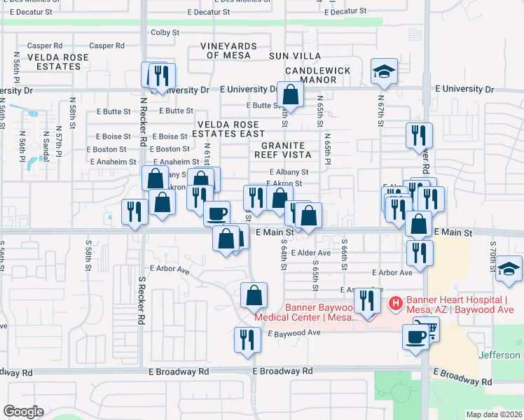 map of restaurants, bars, coffee shops, grocery stores, and more near 6325 East Avalon Street in Mesa