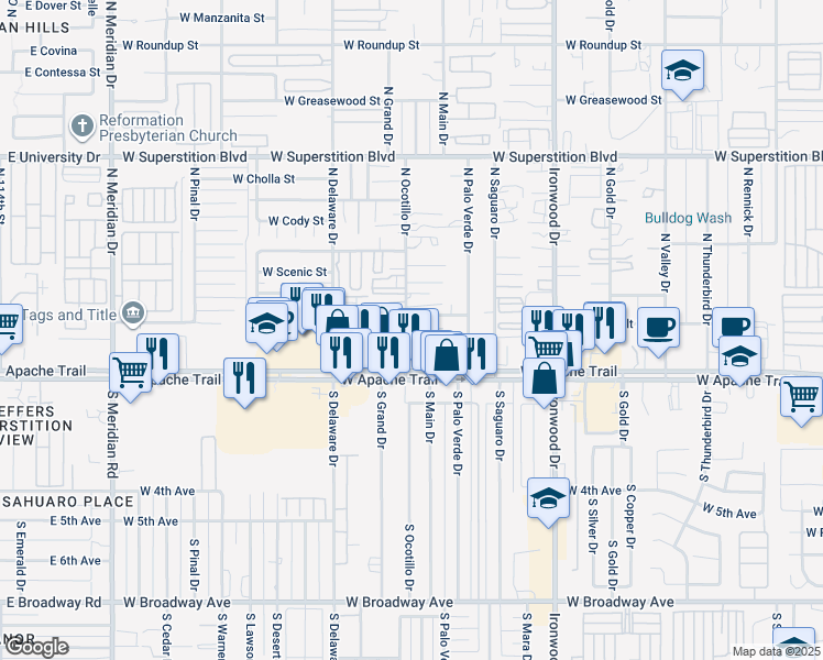 map of restaurants, bars, coffee shops, grocery stores, and more near 2079 West Gregory Street in Apache Junction
