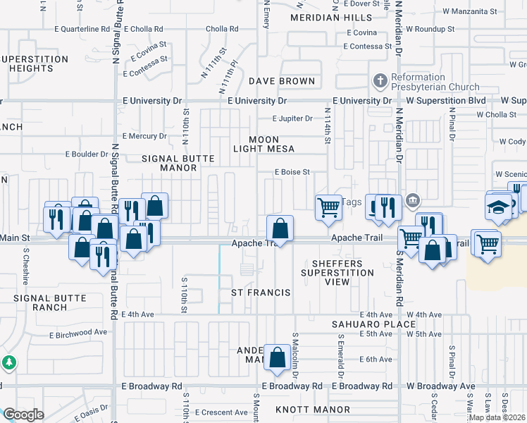 map of restaurants, bars, coffee shops, grocery stores, and more near 44 North Mountain Road in Apache Junction