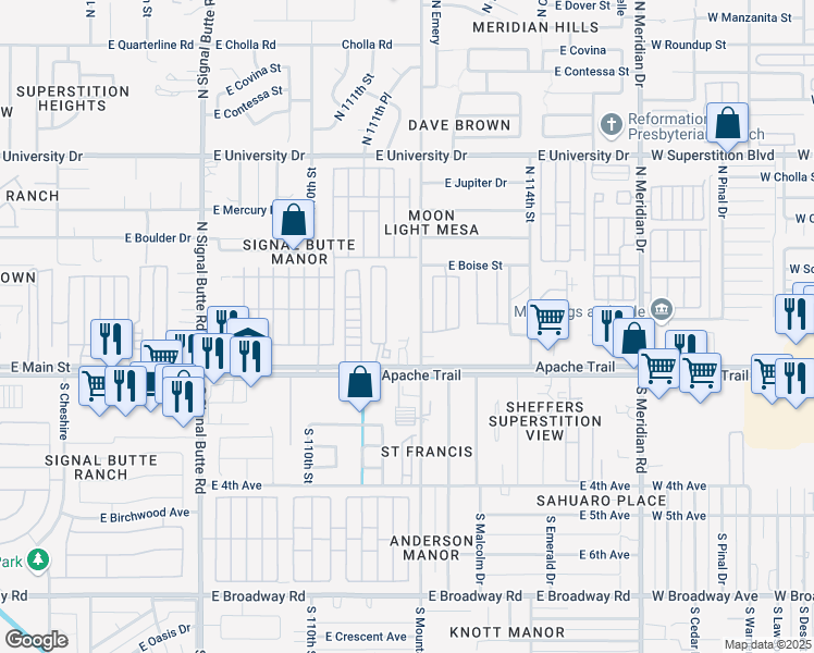 map of restaurants, bars, coffee shops, grocery stores, and more near 44 North Mountain Road in Apache Junction