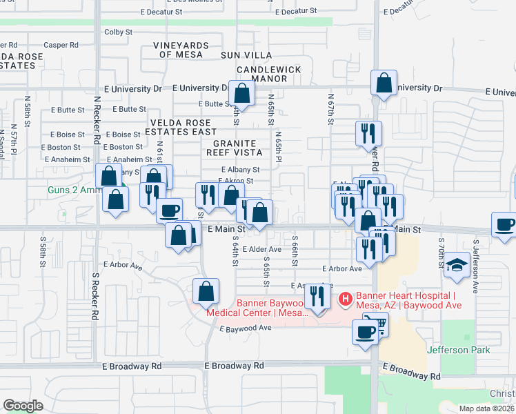 map of restaurants, bars, coffee shops, grocery stores, and more near 6458 East Avalon Street in Mesa