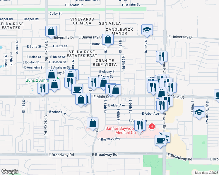 map of restaurants, bars, coffee shops, grocery stores, and more near 6401 East Avalon Street in Mesa
