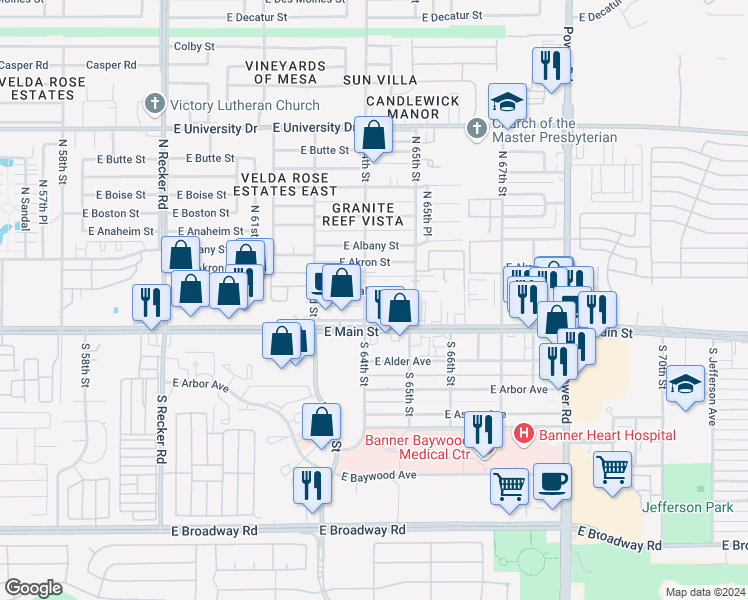 map of restaurants, bars, coffee shops, grocery stores, and more near 6401 East Avalon Street in Mesa
