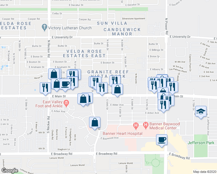map of restaurants, bars, coffee shops, grocery stores, and more near 6401 East Avalon Street in Mesa
