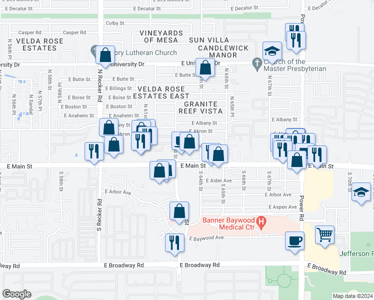 map of restaurants, bars, coffee shops, grocery stores, and more near 6322 East Avalon Street in Mesa
