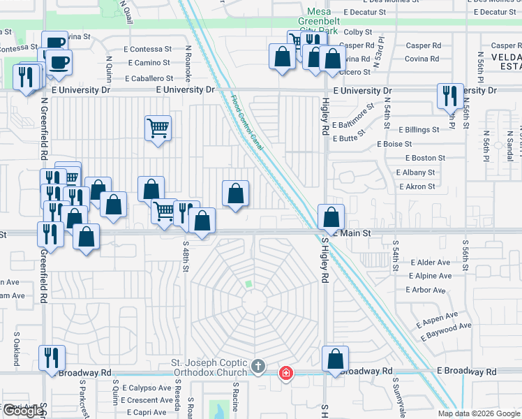 map of restaurants, bars, coffee shops, grocery stores, and more near Mobile Home Park in Mesa