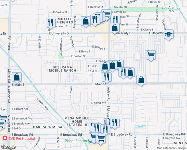 map of restaurants, bars, coffee shops, grocery stores, and more near 66 North Lyn Rae Drive in Mesa