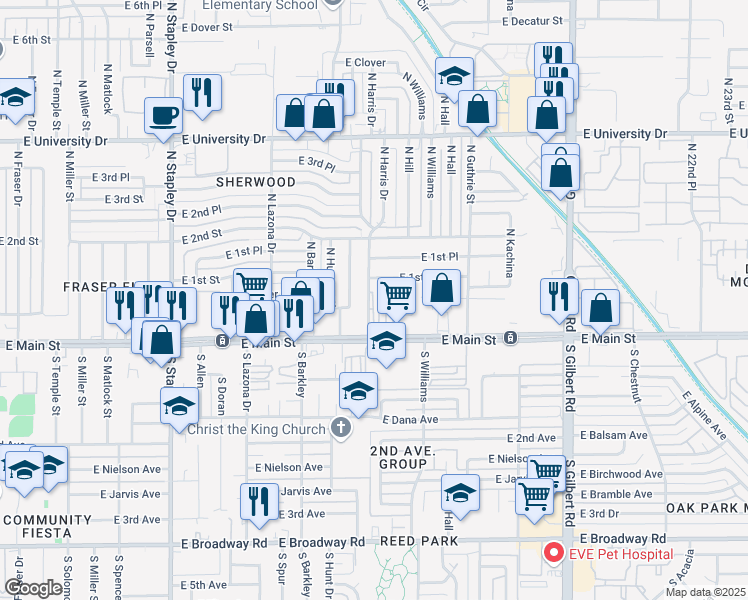 map of restaurants, bars, coffee shops, grocery stores, and more near 224 East Paradise Palms Apartment in Mesa