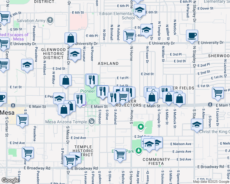map of restaurants, bars, coffee shops, grocery stores, and more near 715 East 1st Street in Mesa