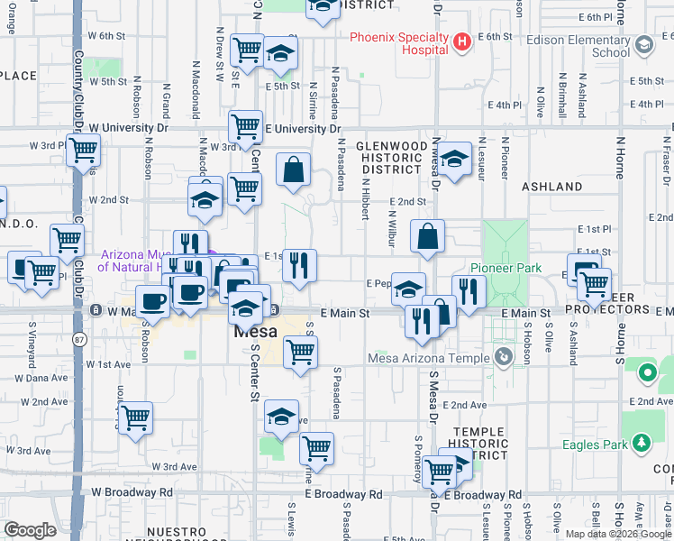 map of restaurants, bars, coffee shops, grocery stores, and more near 151 East 1st Street in Mesa