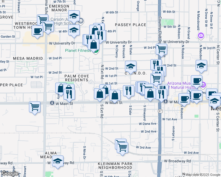 map of restaurants, bars, coffee shops, grocery stores, and more near 735 West 1st Street in Mesa