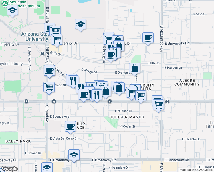 map of restaurants, bars, coffee shops, grocery stores, and more near 1234 East Lemon Street in Tempe