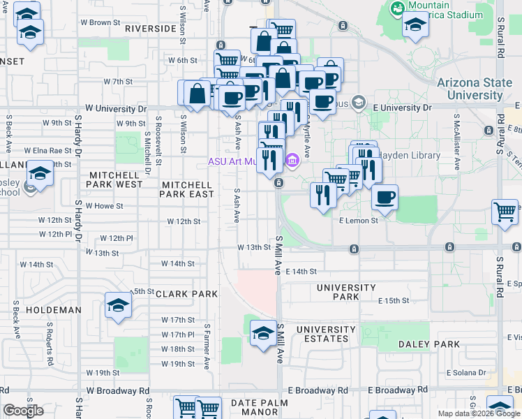 map of restaurants, bars, coffee shops, grocery stores, and more near 1112 South Mill Avenue in Tempe