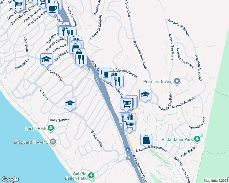 map of restaurants, bars, coffee shops, grocery stores, and more near 4 West Avenida Ramona in San Clemente