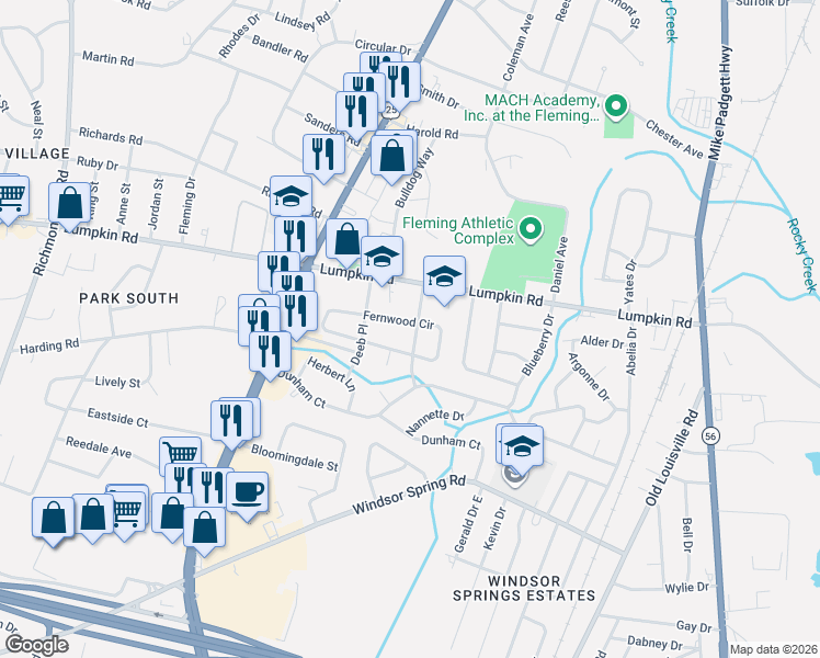 map of restaurants, bars, coffee shops, grocery stores, and more near 2909 Fernwood Drive in Augusta