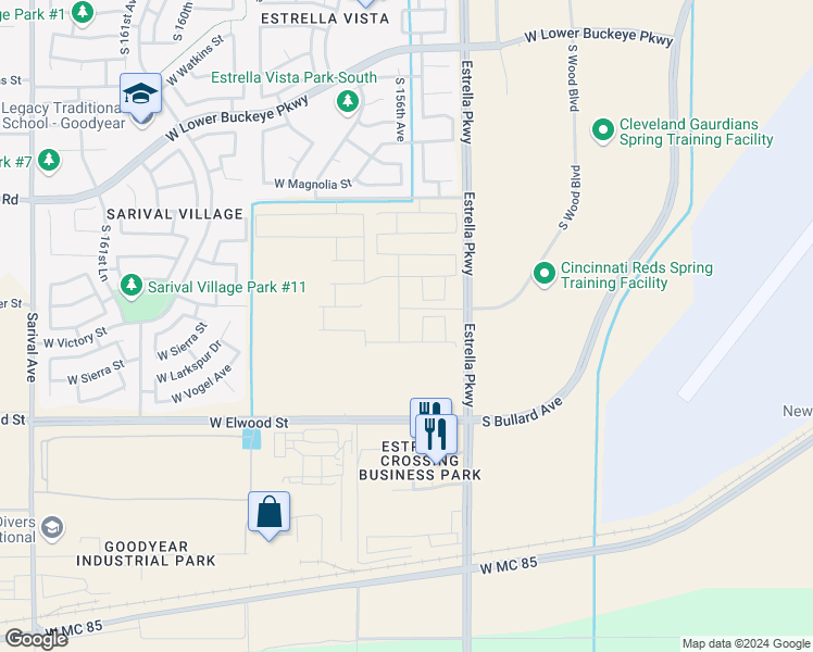 map of restaurants, bars, coffee shops, grocery stores, and more near 3200 South Estrella Parkway in Goodyear