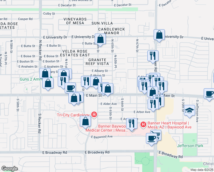 map of restaurants, bars, coffee shops, grocery stores, and more near 6458 East Avalon Street in Mesa
