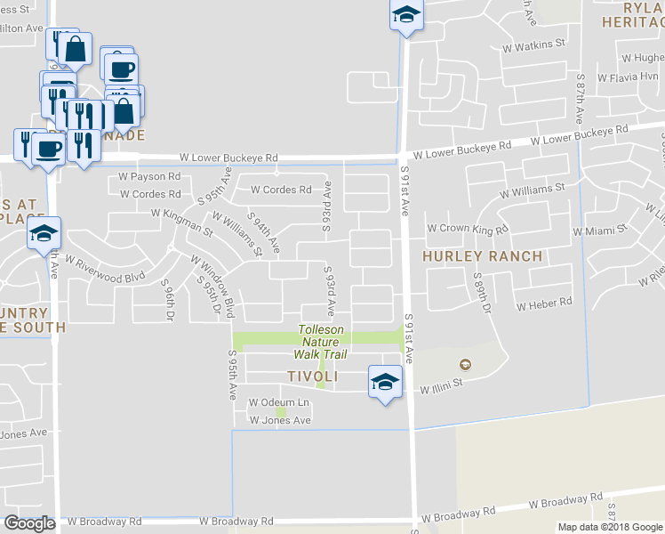 map of restaurants, bars, coffee shops, grocery stores, and more near 3229 South 93rd Avenue in Tolleson