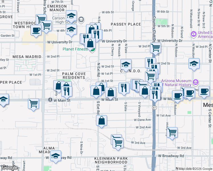 map of restaurants, bars, coffee shops, grocery stores, and more near 735 West 1st Street in Mesa