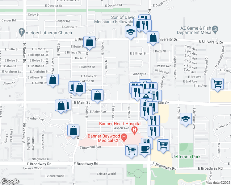 map of restaurants, bars, coffee shops, grocery stores, and more near 5911 East Main Street in Mesa
