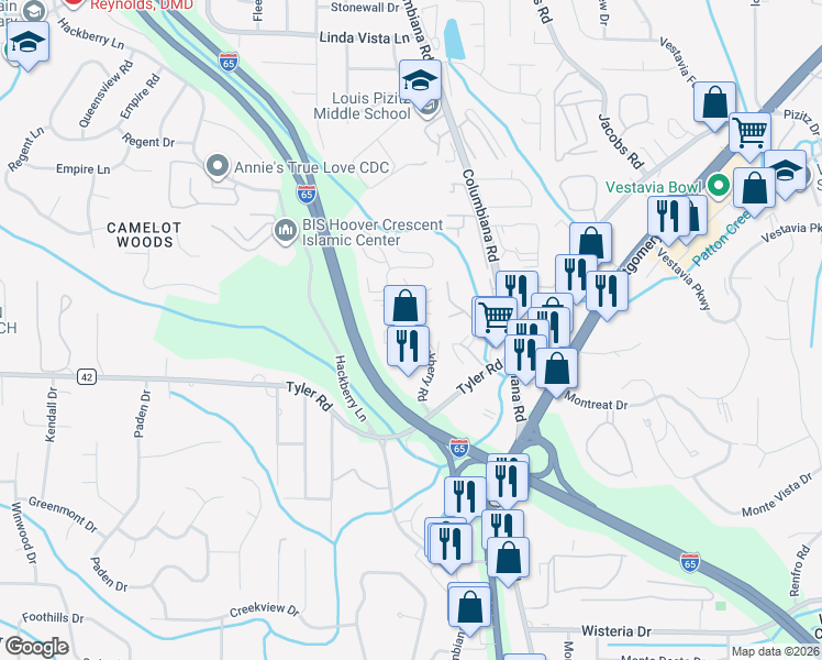 map of restaurants, bars, coffee shops, grocery stores, and more near 2699 Hackberry Road in Birmingham