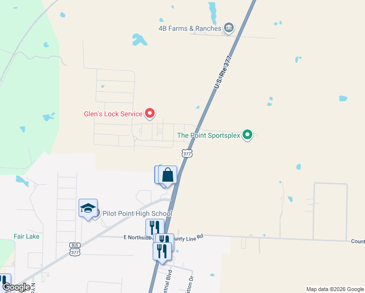 map of restaurants, bars, coffee shops, grocery stores, and more near 1933 U.S. 377 in Pilot Point