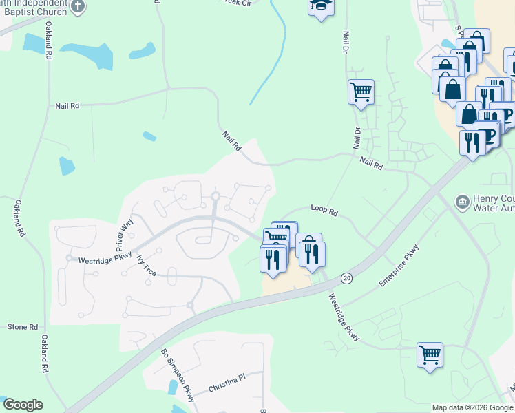 map of restaurants, bars, coffee shops, grocery stores, and more near 2104 Parador Bend in McDonough