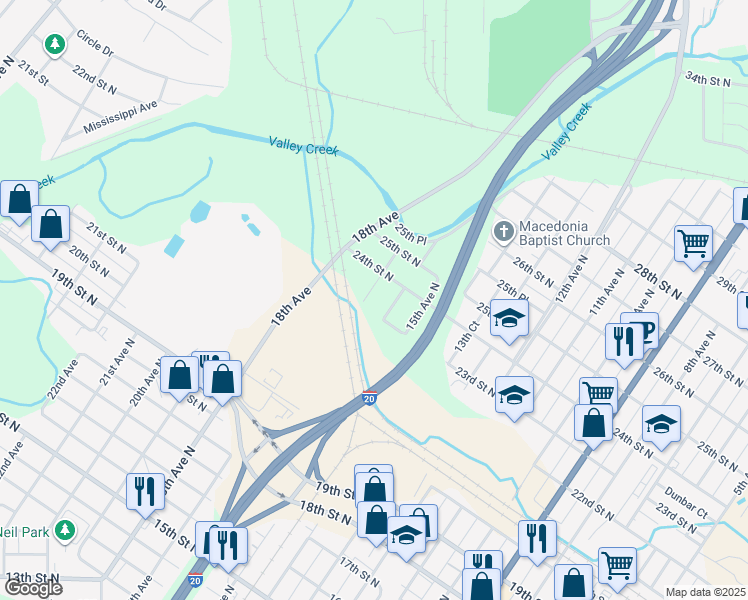 map of restaurants, bars, coffee shops, grocery stores, and more near 2300 17th Avenue North in Bessemer