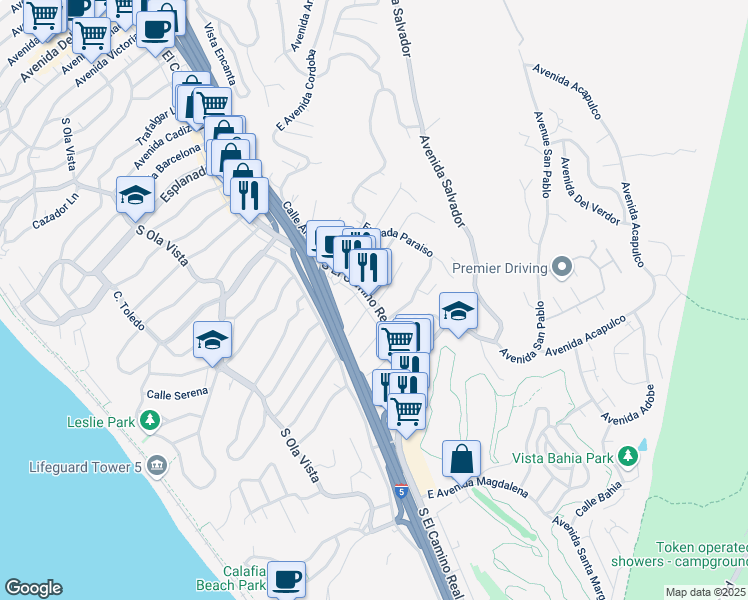 map of restaurants, bars, coffee shops, grocery stores, and more near 2017 S El Camino Real in San Clemente