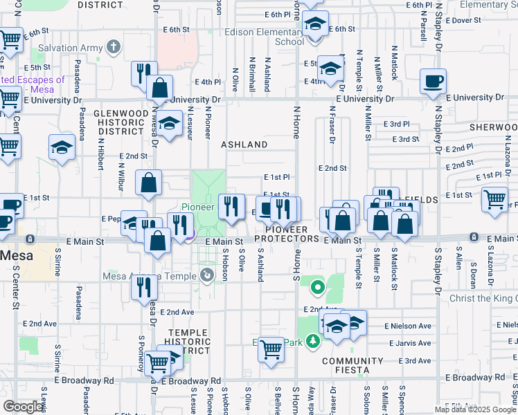 map of restaurants, bars, coffee shops, grocery stores, and more near 715 East 1st Street in Mesa