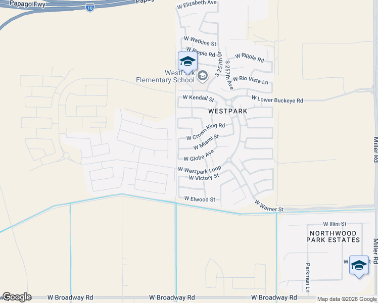 map of restaurants, bars, coffee shops, grocery stores, and more near 25824 West Miami Street in Buckeye