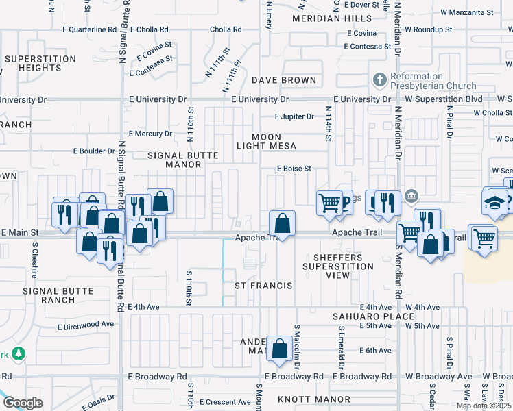 map of restaurants, bars, coffee shops, grocery stores, and more near 44 North Mountain Road in Apache Junction