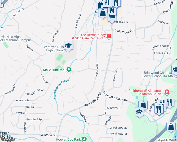 map of restaurants, bars, coffee shops, grocery stores, and more near 3358 Rosemary Lane in Vestavia Hills