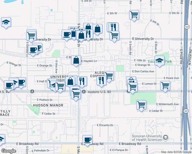 map of restaurants, bars, coffee shops, grocery stores, and more near 1855 E Don Carlos Avenue in Tempe