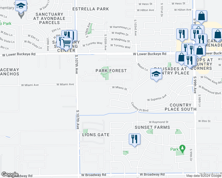 map of restaurants, bars, coffee shops, grocery stores, and more near 10429 West Miami Street in Tolleson