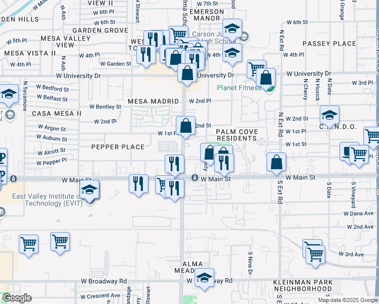 map of restaurants, bars, coffee shops, grocery stores, and more near 61 North Alma School Road in Mesa