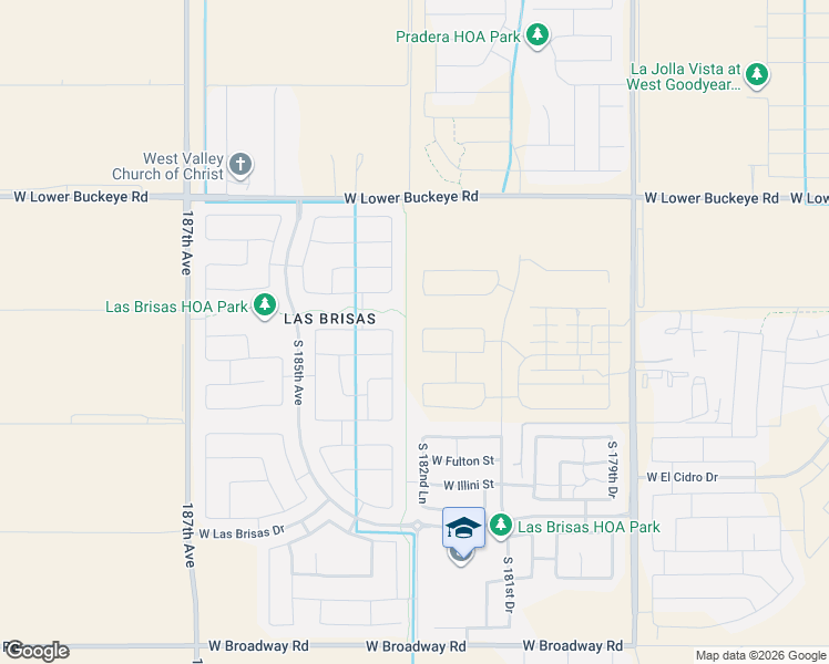 map of restaurants, bars, coffee shops, grocery stores, and more near 3171-3549 South 183rd Avenue in Goodyear