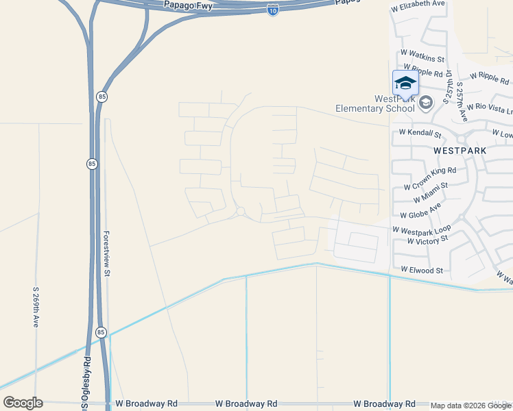 map of restaurants, bars, coffee shops, grocery stores, and more near 3250 South 262nd Lane in Buckeye
