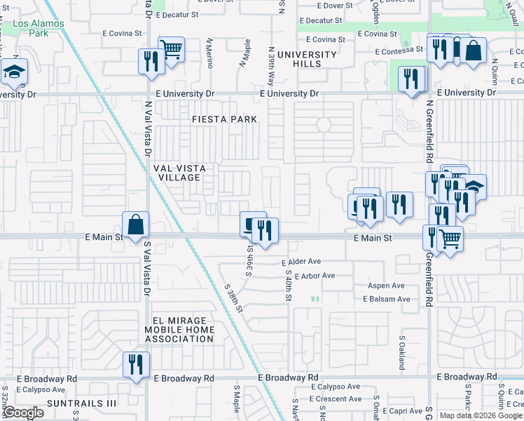 map of restaurants, bars, coffee shops, grocery stores, and more near 48 North Maple in Mesa