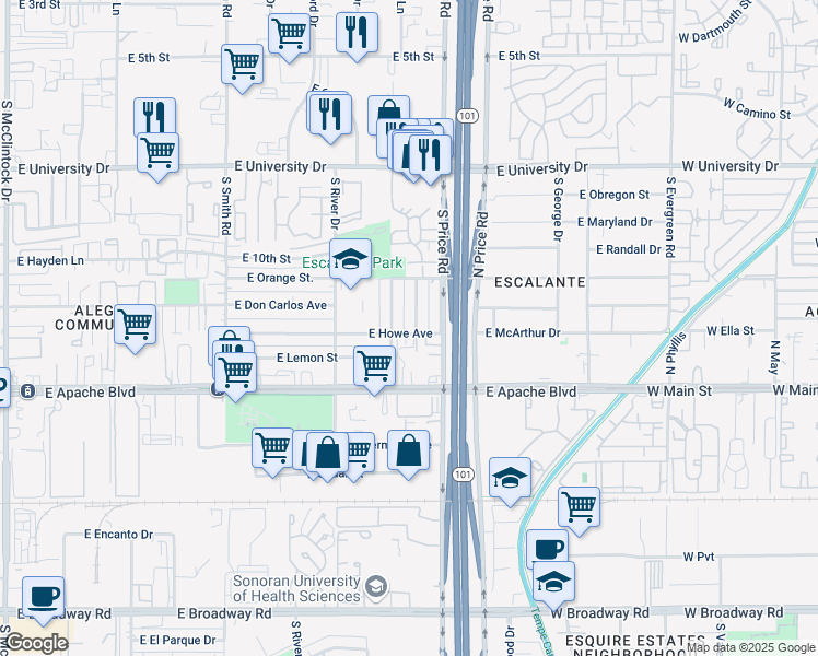 map of restaurants, bars, coffee shops, grocery stores, and more near 1022 South Lola Lane in Tempe