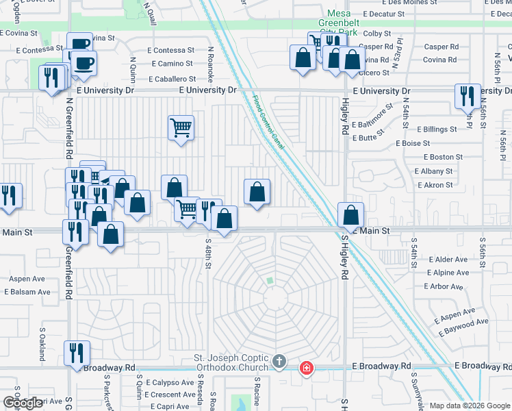 map of restaurants, bars, coffee shops, grocery stores, and more near Mobile Home Park in Mesa