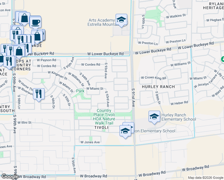 map of restaurants, bars, coffee shops, grocery stores, and more near 3216 South 92nd Drive in Tolleson