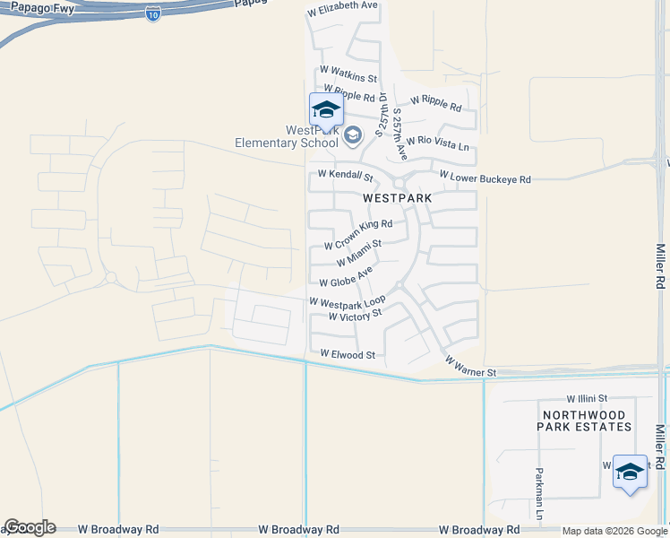 map of restaurants, bars, coffee shops, grocery stores, and more near 25824 West Miami Street in Buckeye