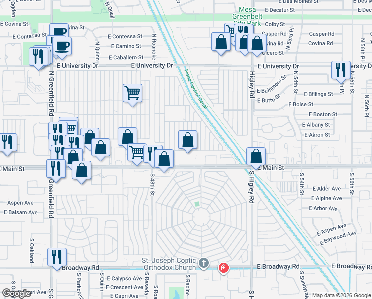 map of restaurants, bars, coffee shops, grocery stores, and more near Mobile Home Park in Mesa