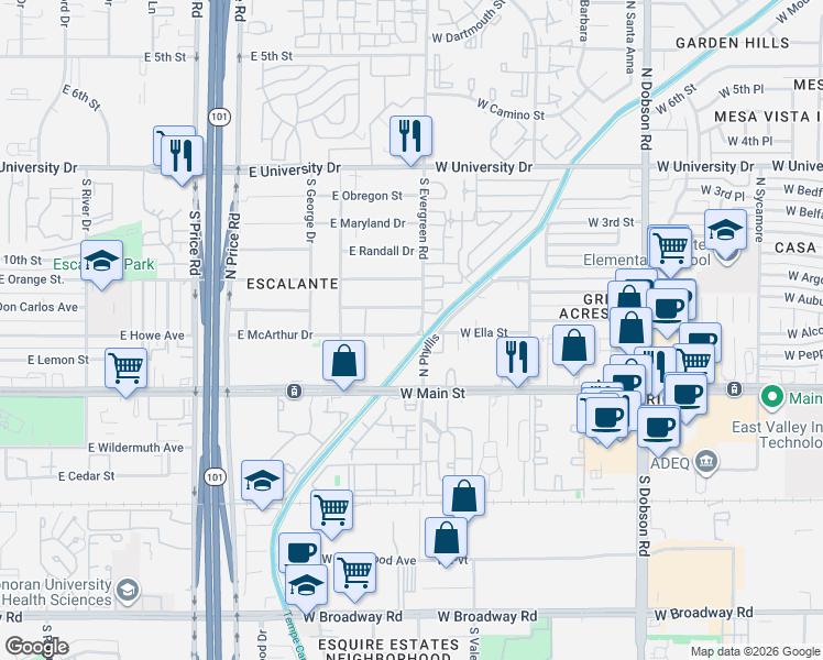 map of restaurants, bars, coffee shops, grocery stores, and more near 2540 East McArthur Drive in Tempe