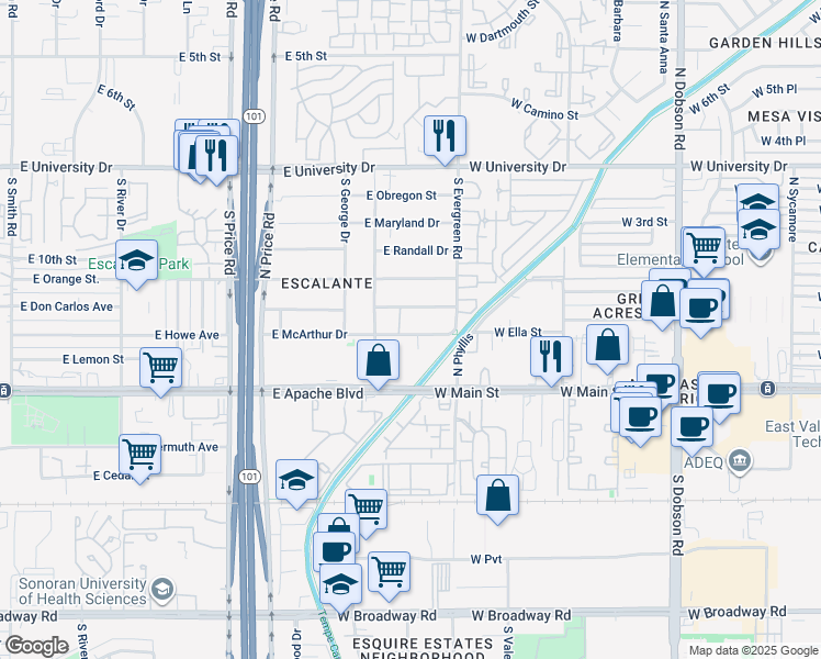 map of restaurants, bars, coffee shops, grocery stores, and more near 2506 East McArthur Drive in Tempe