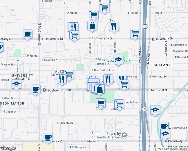 map of restaurants, bars, coffee shops, grocery stores, and more near 2004 East Howe Avenue in Tempe
