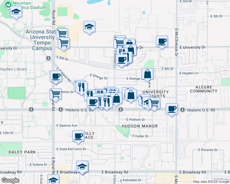 map of restaurants, bars, coffee shops, grocery stores, and more near in Tempe